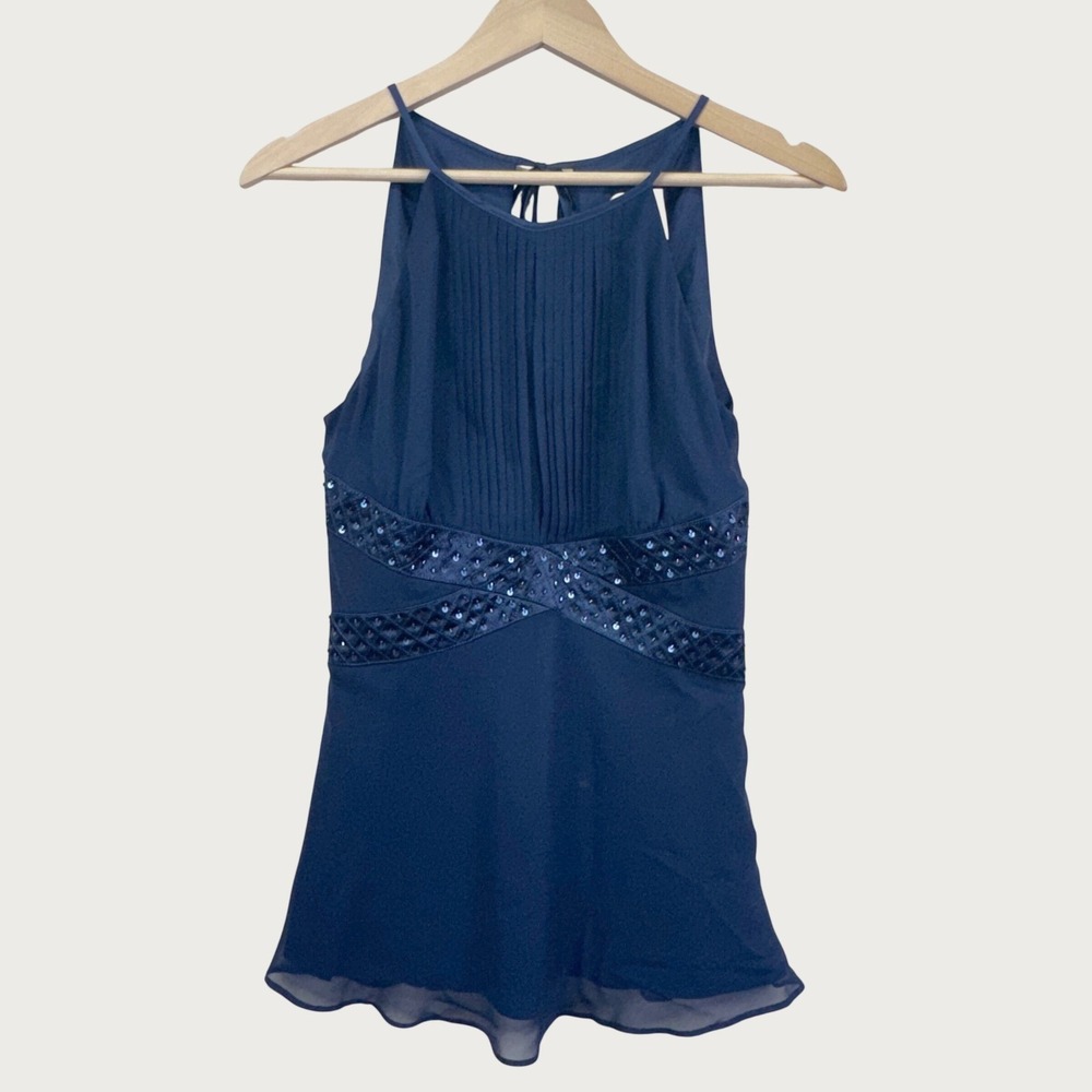 R&M Richards Petite 8P Navy Blue Sequin Halter Pleated Evening Blouse